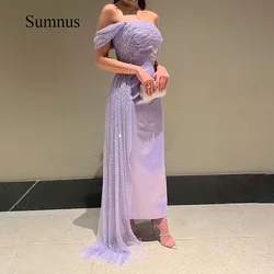 Sumnus Violet Satin Mermaid Dubai Evening Prom Dresses Sequins Tulle Off Shoulder Saudi Arabic Prom Party Dress with Skirt