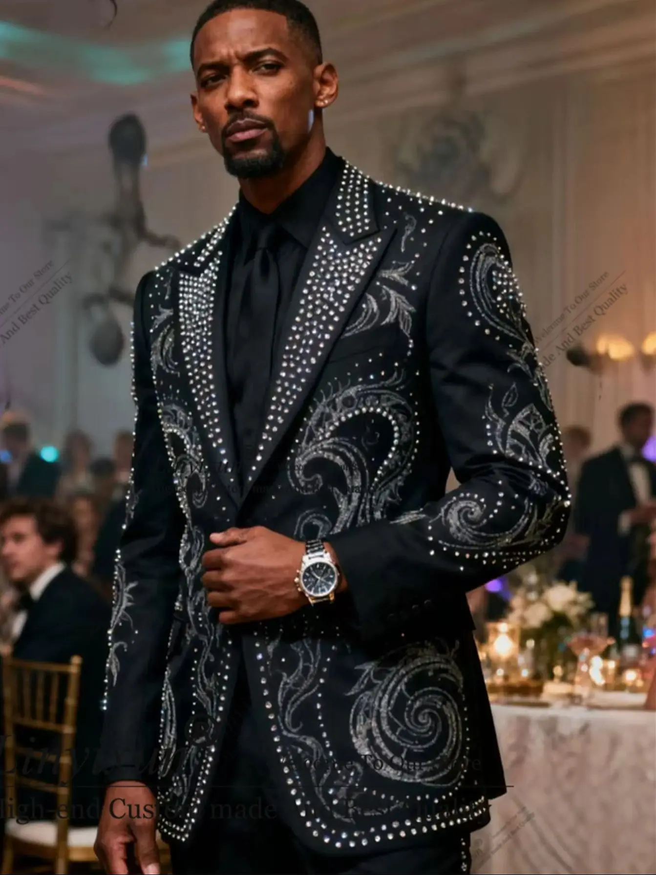 

Shiny Crystals Beaded Lapel Men Suits 2 Pieces Sets Groom Wedding Tuxedos Customized trajes para hombre Slim Male Prom Blazer
