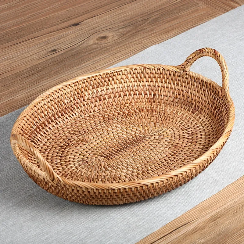 Handwoven Vietnamese Rattan Storage Basket Round Fruit Bowl for Living Room Snack Organizer Tea Set Holder Home Decor Item