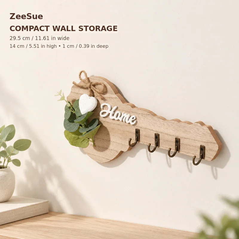 ZeeSue Rustic Wall Key Rack, Decorative Wooden Key Organizer with 4 Hooks, Home Lettering and Heart Accent for Entryway