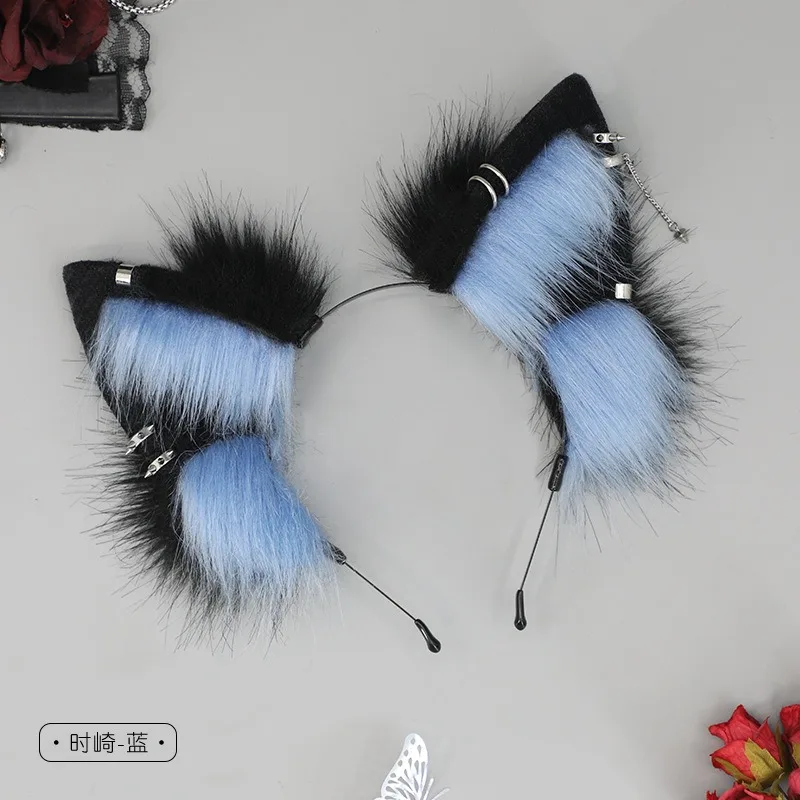 Blue and pink Cute Furry Cat Ears Hair Hoop Women Girls Lolita Lovely Headband Plush Fox Ear Metal Chain rivet Hairband Cosplay