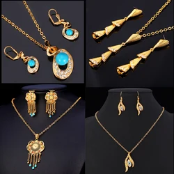 U7 Gold Color Jewelry Sets For Women Wedding Blue Tassels Long Earrings Charms Necklace Set Indian Jewelry Wholesale S753