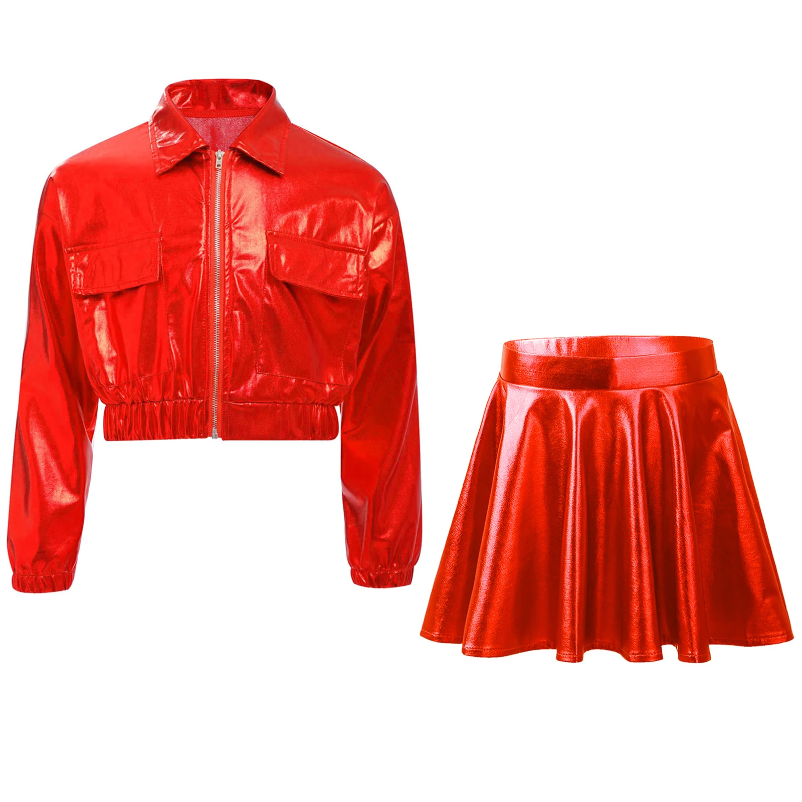 6-16Y Girls Hip Hop Jazz Dance Performance Costume Metallic Shiny Cheerleading Outfit Long Sleeve Zipper Jacket with Culottes