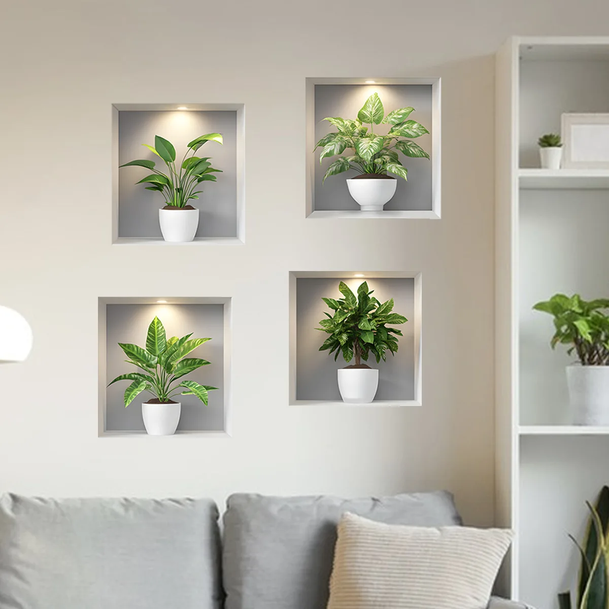 4pc Green Leaf Plant Wall Stickers Realistic Potted Plants Decor Eco-friendly Self-Adhesive  For Living Room Bedroom Wall Decor