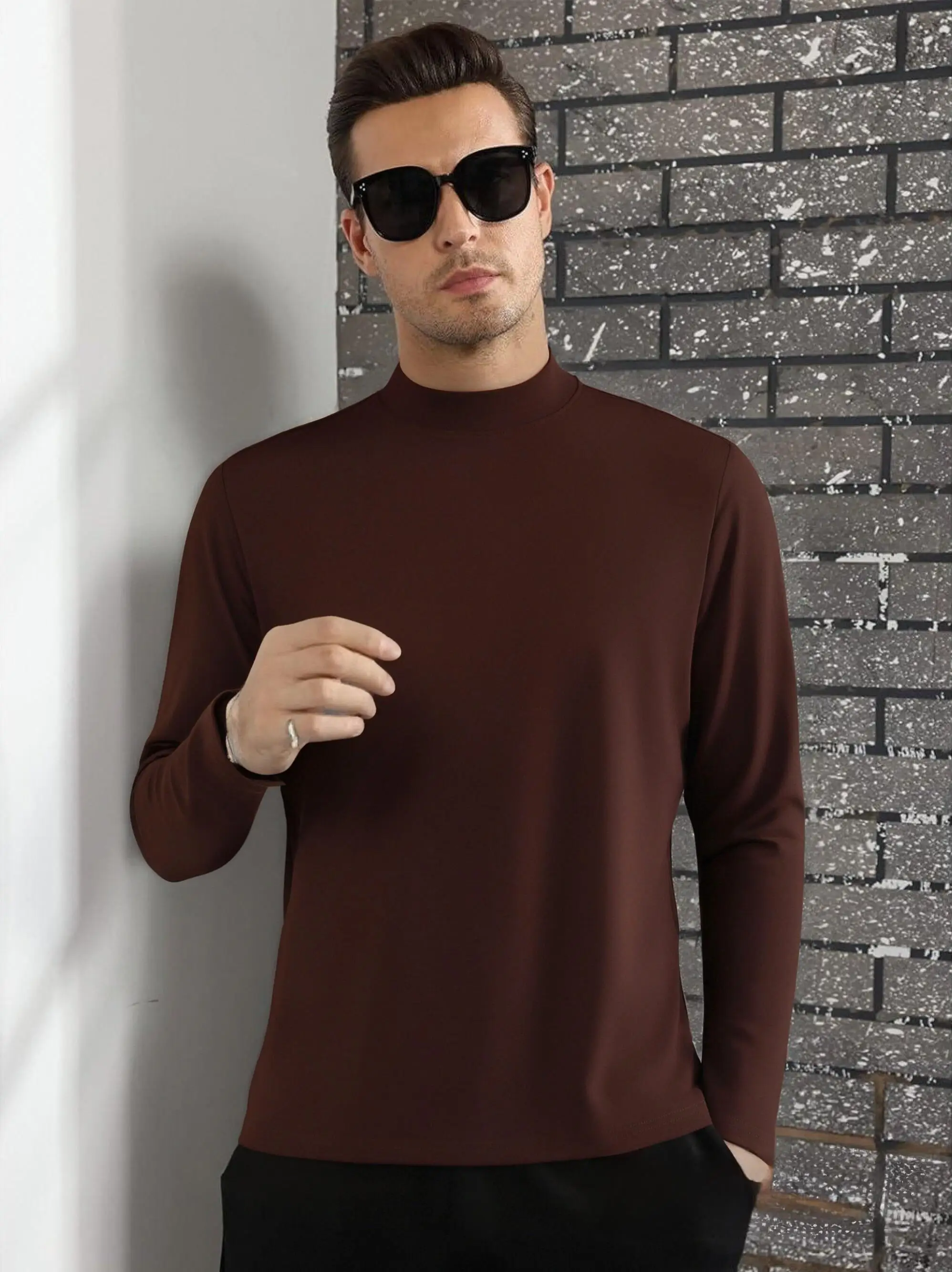 

Однотонные удобные осенние базовые рубашки, мужские флисовые универсальные футболки, одежда с высоким воротником, эластичная теплая мужская футболка с длинными рукавами