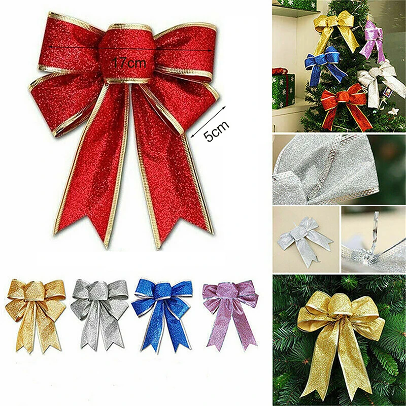 17cm Large Christmas Bow Glitter Ribbon Bowknot For Xmas Tree Hanging Pendant Ornaments Xmas Home Party Decoration Supplies