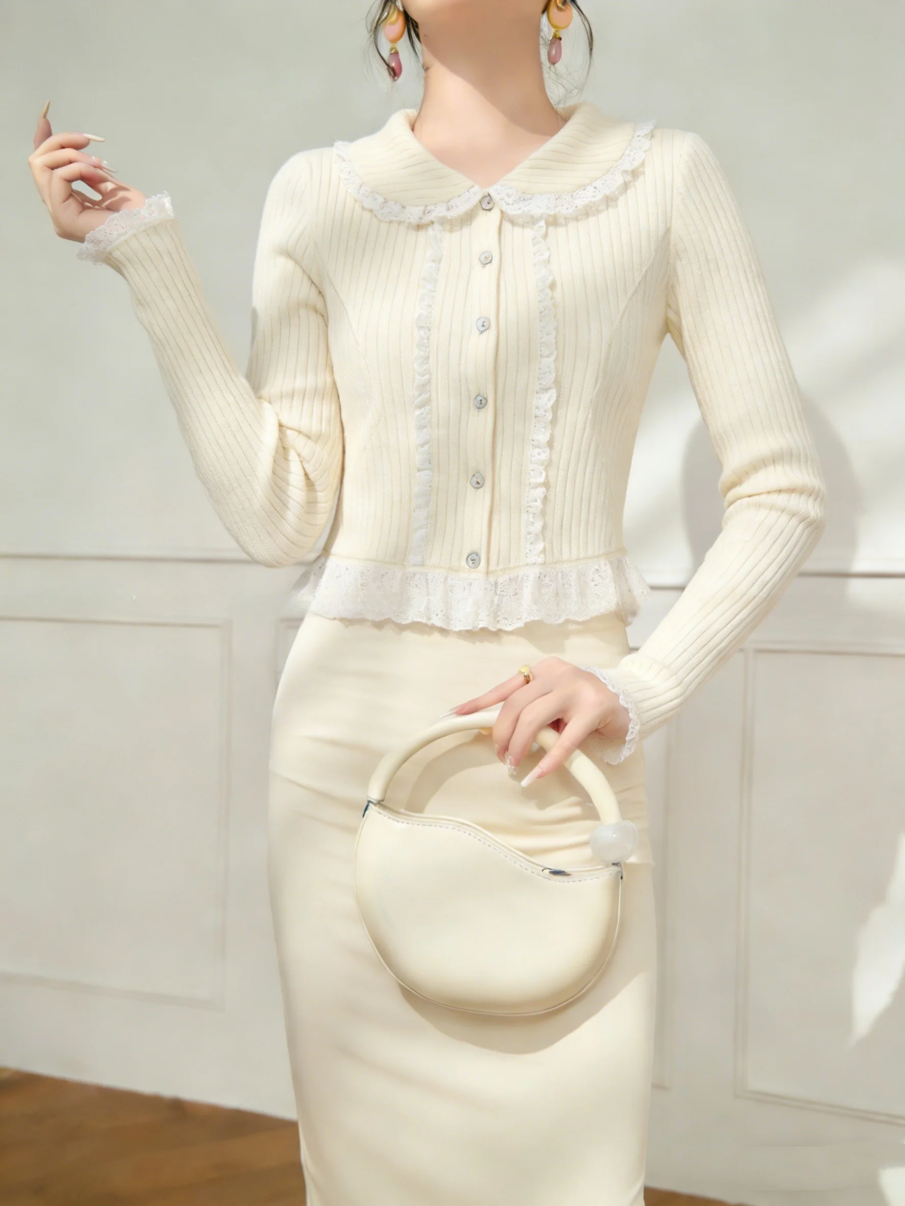 

Sweet Match Long Sleeve Knitted Open Cardigan Winter New Lace Splicing Design Versatile Top for Young Women Pear Shape Body