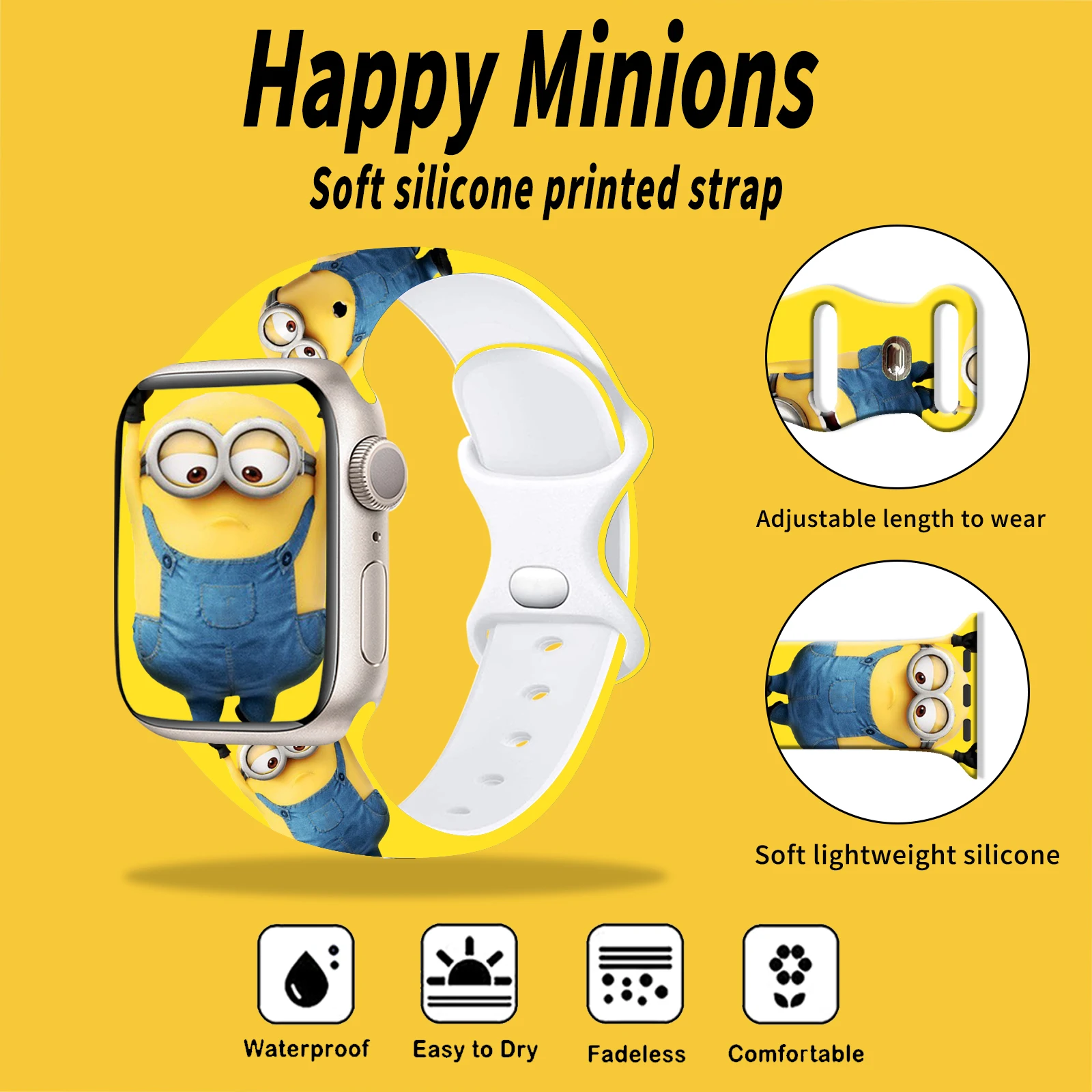 MINISO Happy Minions حزام مطبوع لساعة أبل 11 10 9 سوار سيليكون قابل للاستبدال لساعة iWatch 46/44/42/41 مللي متر