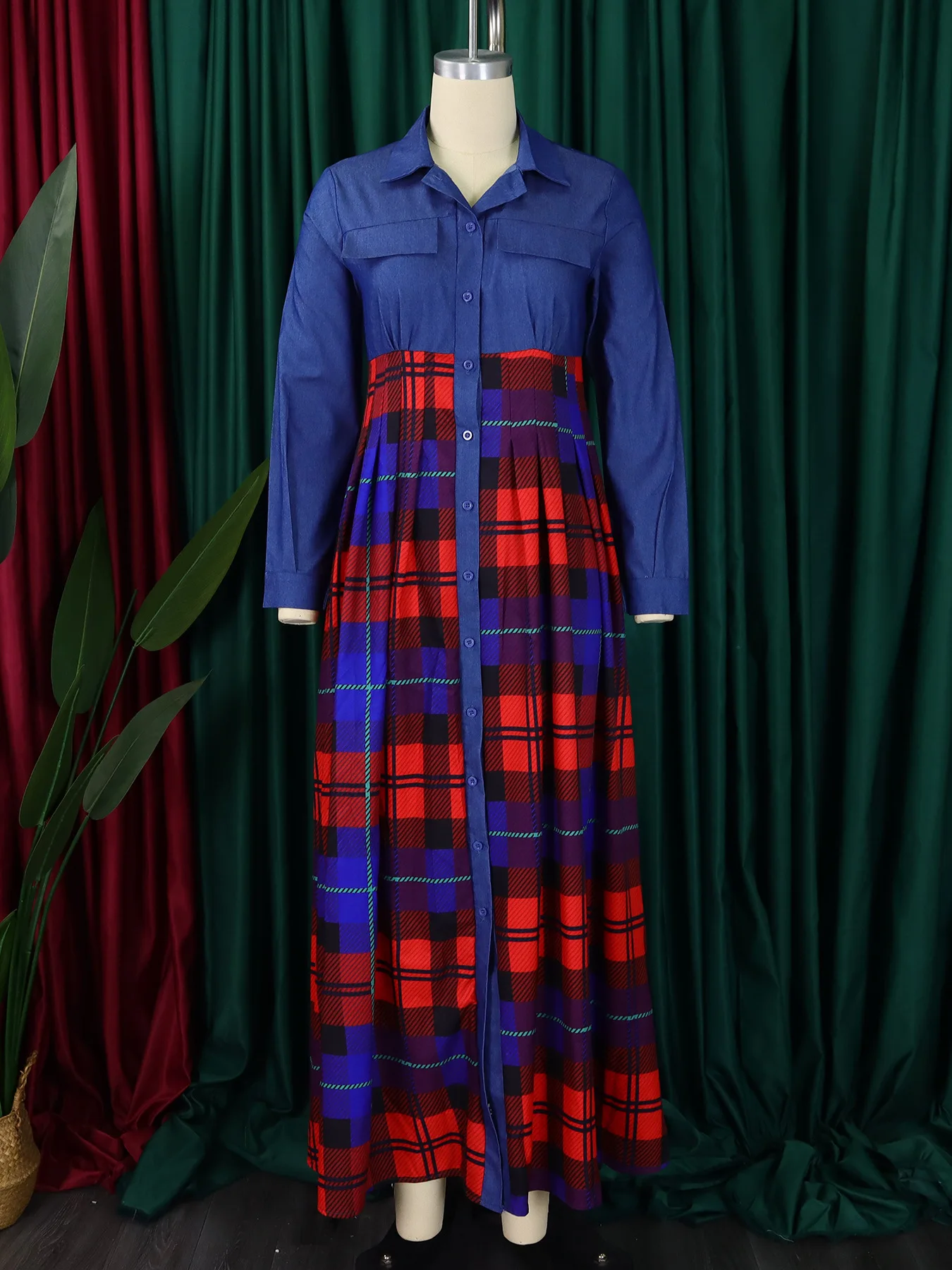 Women Fashion Casual Plaid Printed Lapel Neck Shirt Dress 2025 New Long Sleeves Patchwork Buttons Mxi Dresses Real Picture