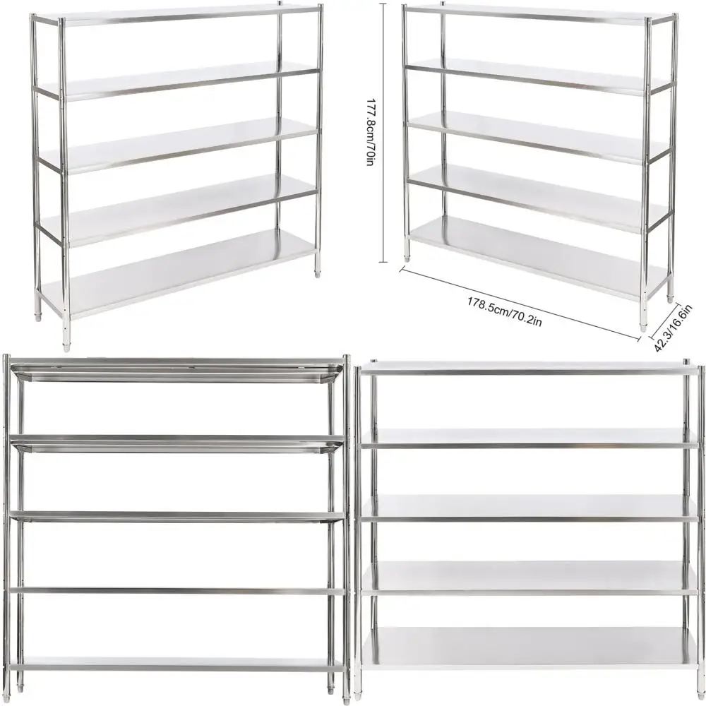 رف رفوف صناعي من الفولاذ المقاوم للصدأ بارتفاع قابل للتعديل - تخزين 5 طبقات بسعة 330 رطل لكل رف