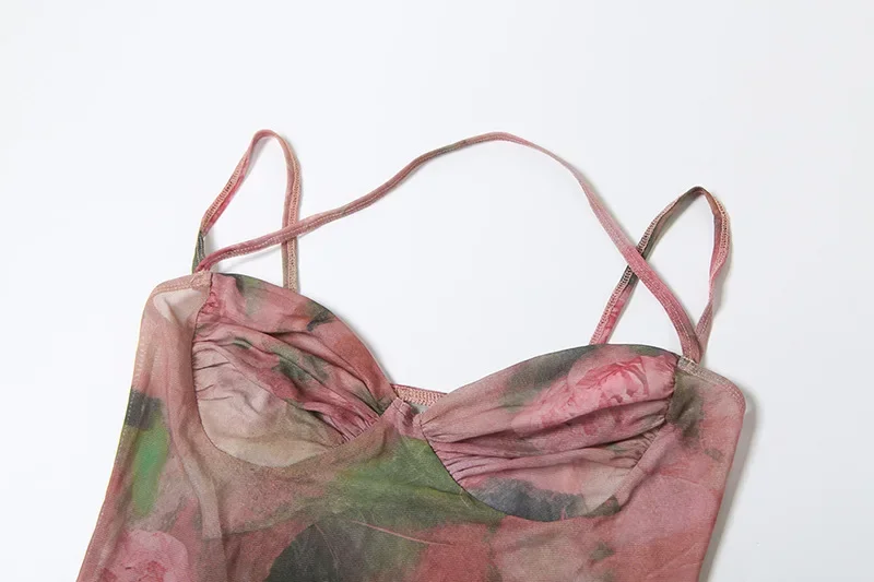 Vestido largo fruncido de malla con estampado Floral para mujer, vestido Sexy con cuello bajo y tirantes finos con cuello Halter y espalda descubierta, vestido largo para fiesta en la playa y vacaciones