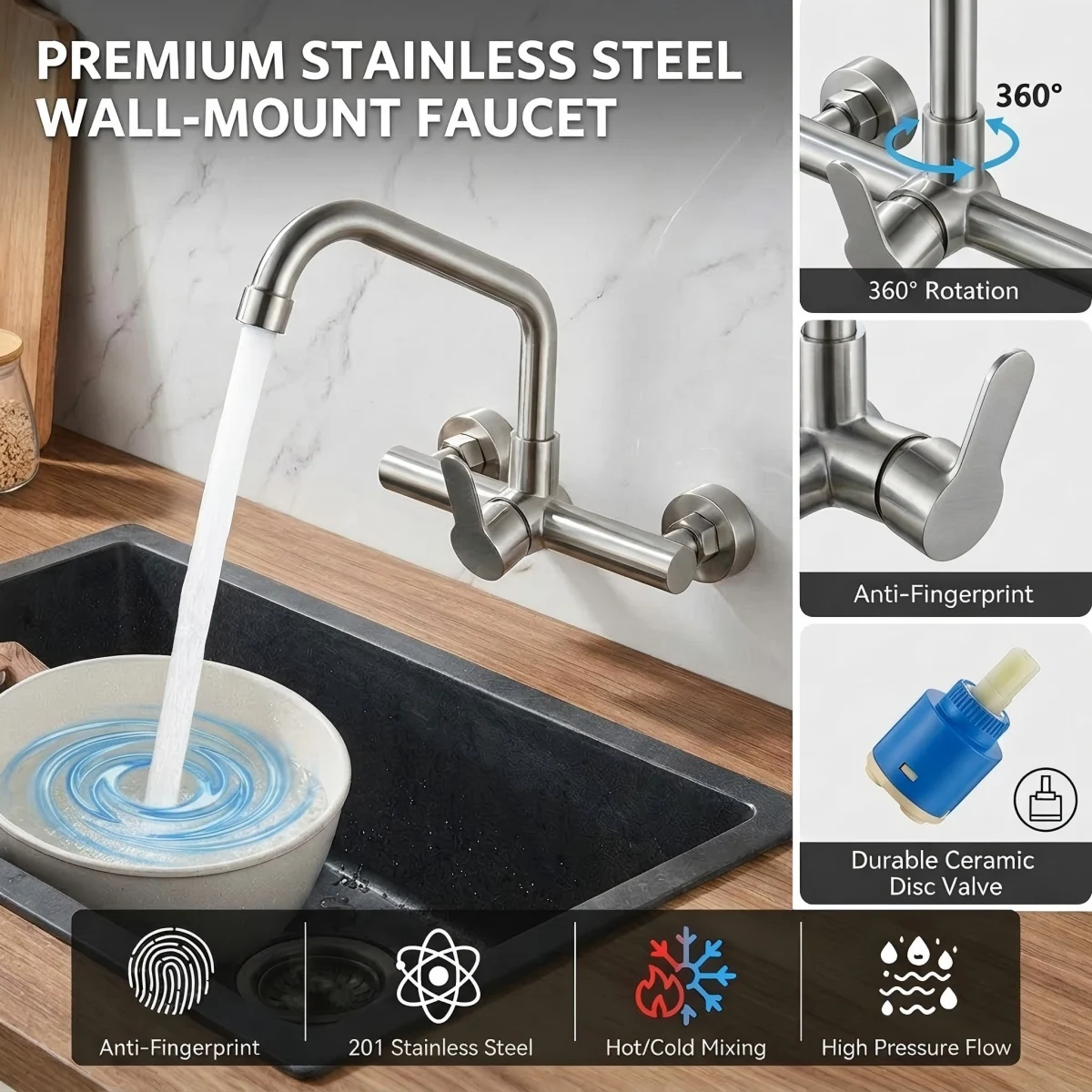 

Настенный кухонный смеситель из нержавеющей стали 201, поворотный на 360° ° Поворотный смеситель для горячей и холодной воды с керамическим клапаном, защитой от отпечатков пальцев, высоким напором потока