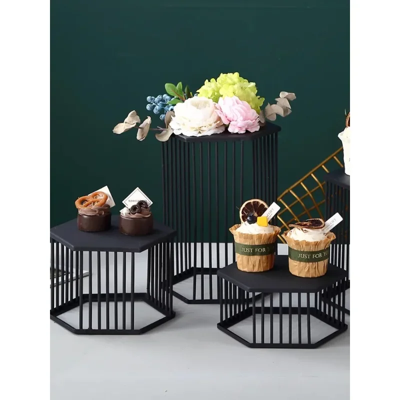 Nordic Creative Iron Pastry Dessert Table Afternoon Tea Dessert Table Black Hexagonal Display Stand Ornament