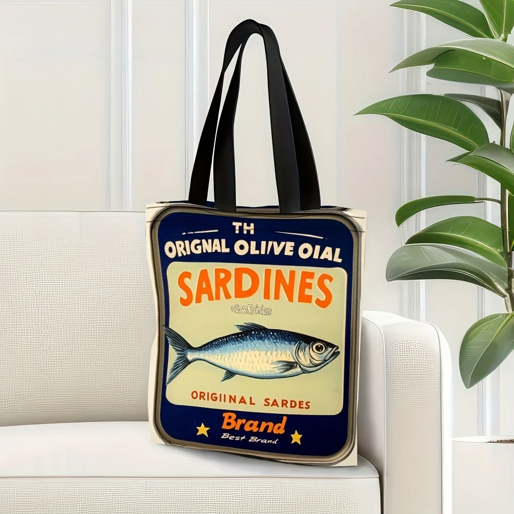 1pc Vintage Canned Sardin Tote Bag Durable Polyester Large Capacity Sturdy Handles Shoulder Bag for Shopping Work Daily Use