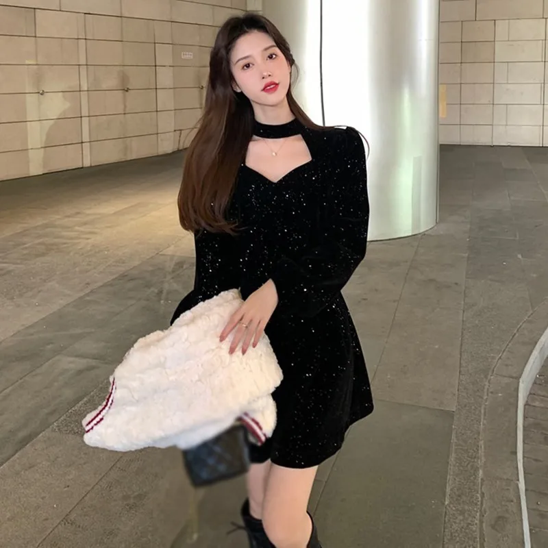 Sequins Long Sleeve Wram Vintage Dress Red Velvet Elegant Party Mini Dress Ladies Casual Korean A line Dress