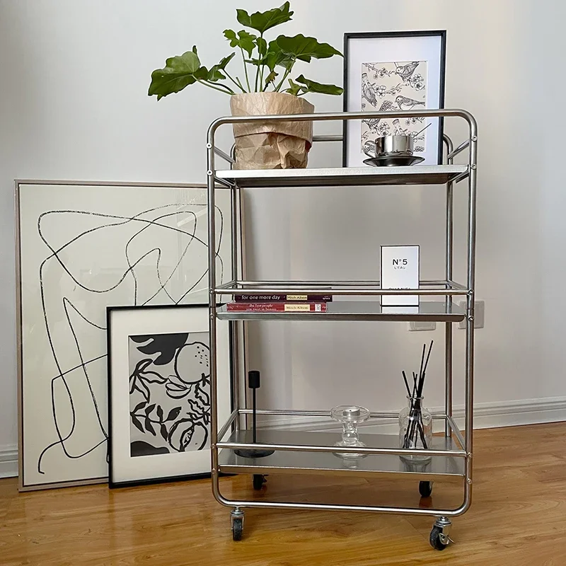 Metal Shelf Ins Modern Style Multi-layer Floor Removable Pulley Storage Rack Kitchen Islands Rolling Storage Cart