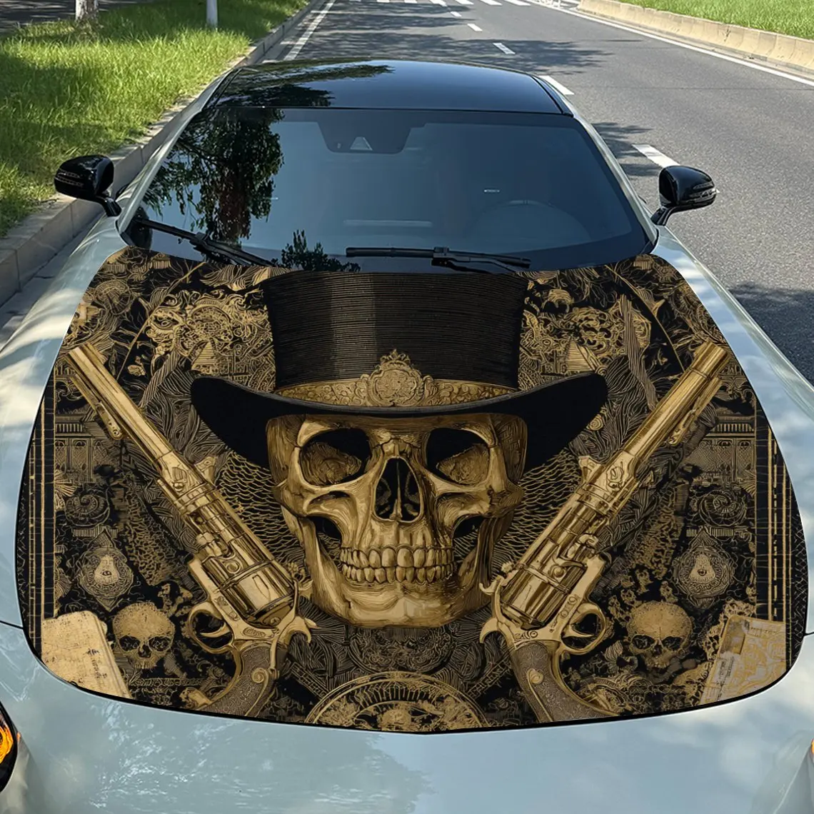 

Golden Skull & Dual Pistols Car Vinyl Wrap, PVC Material Waterproof Car Hood Sticker, Self-Adhesive Scratch-Resistant Stickers f