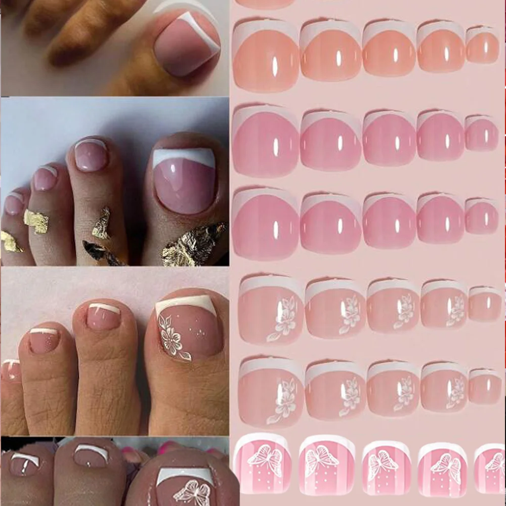 96 stks/doos Franse nep teennagels vlinder/bloem ontwerp korte vierkante druk op teennagel glanzende volledige dekking valse teennagelverlenging