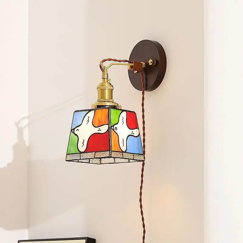 Stained glass bedside wall lamp, retro creative peace dove living room bedroom background