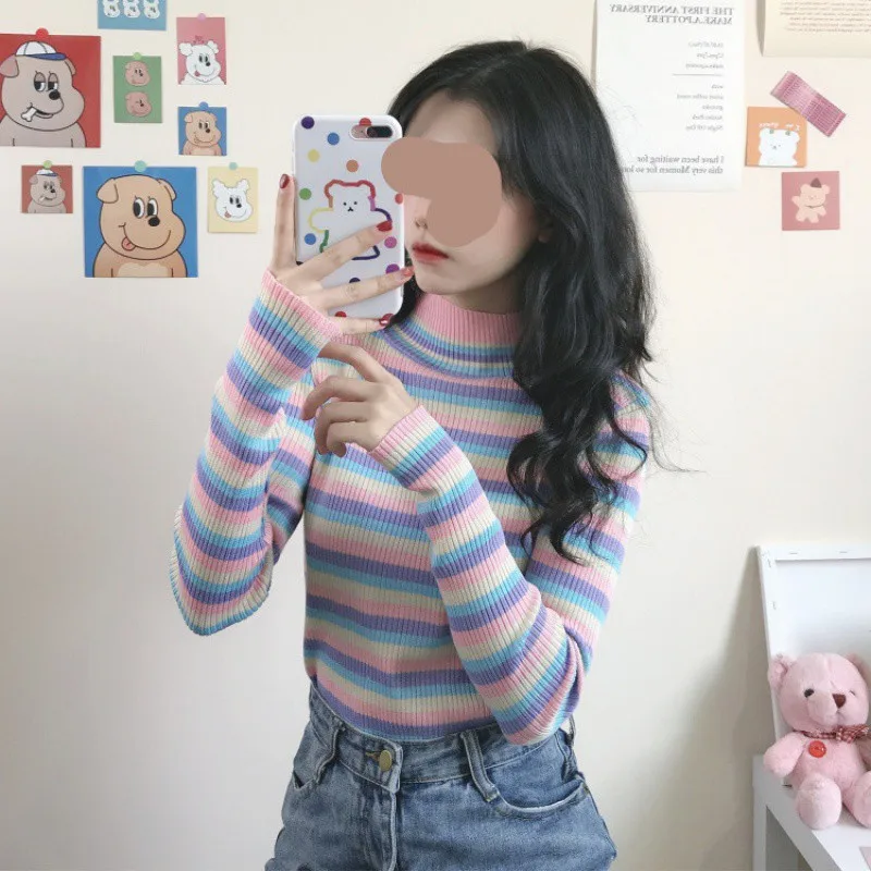 Y2k Clothes Turtleneck Pullover Women Sweater Rainbow Stripe Autumn Knitted Top Slim Long Sleeves Women Clothing Korean Fashion