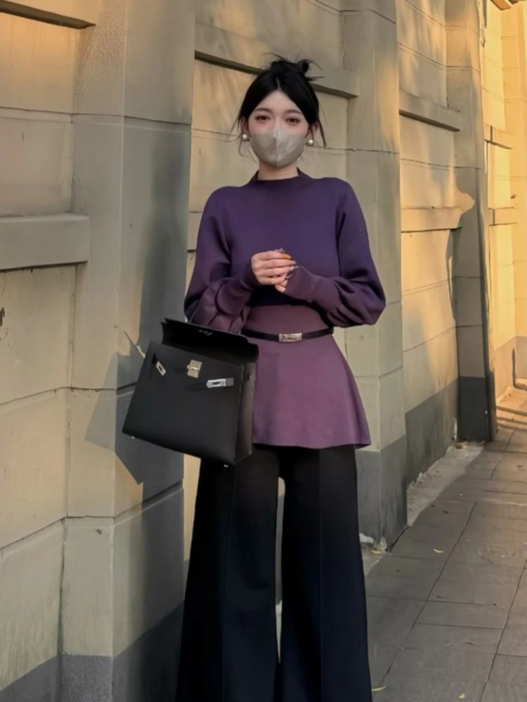 Purple Knitted Sweater Women's Half High Collar Lantern Sleeve Waist Cinched Spring New Korean Style Casual Top