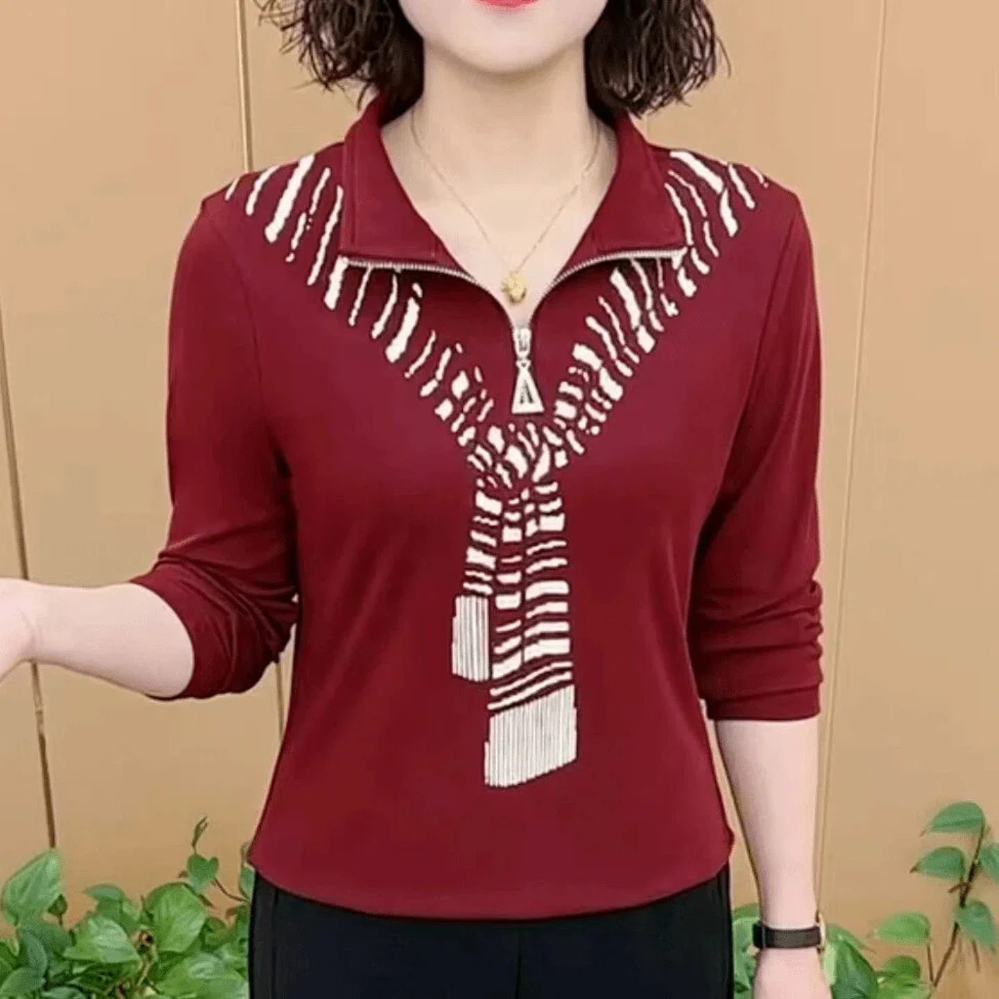 Fashionable Zipper Stand Collar Long Sleeve T Shirt Women's Slimming Mommy Anti Aging Shirt Korean Style Commute Wind Summer