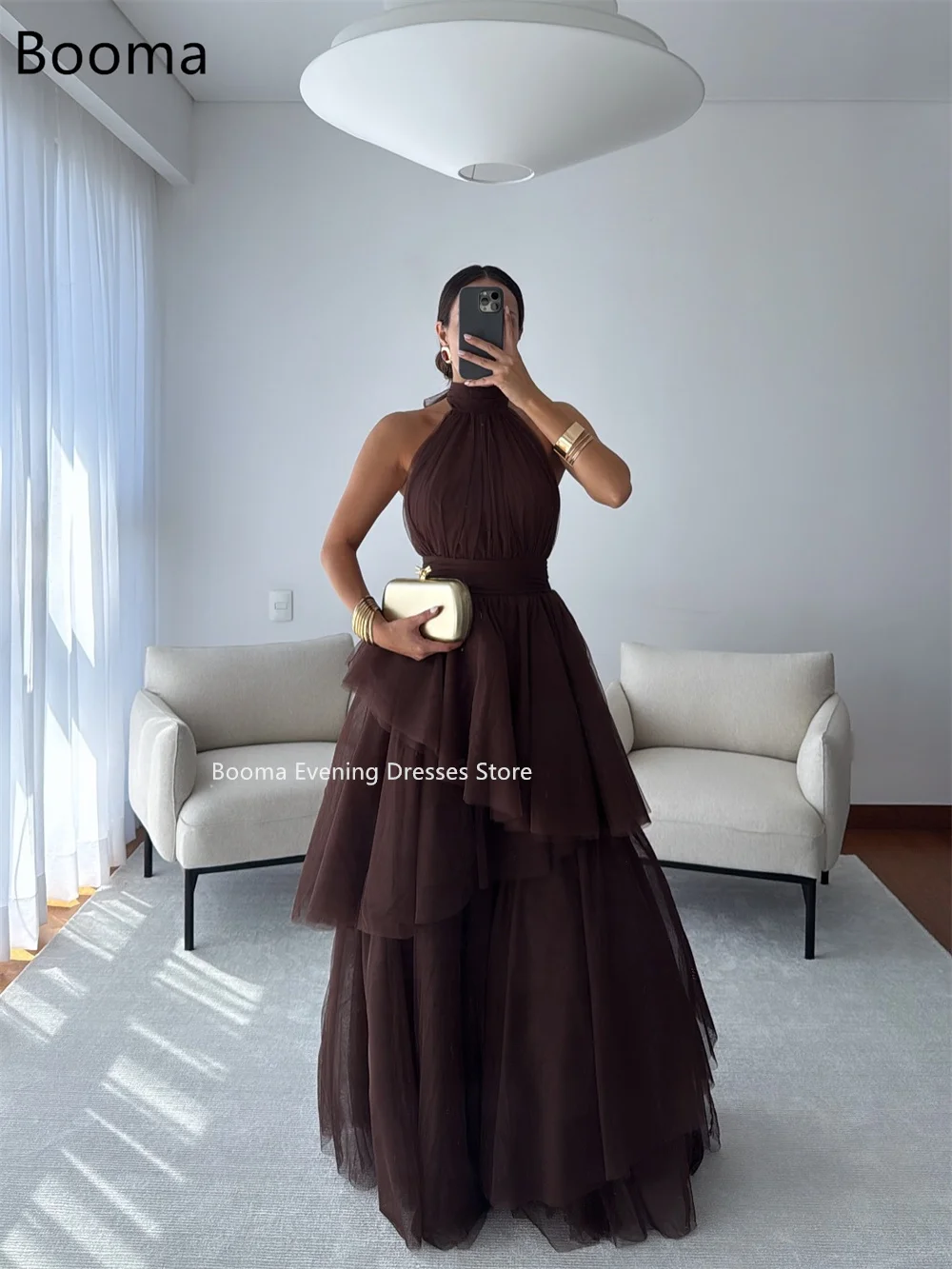 Booma-vestidos largos de fiesta de tul sencillos, corte en A, vestidos formales sin tirantes para mujer, vestido de noche sin mangas personalizado 2025