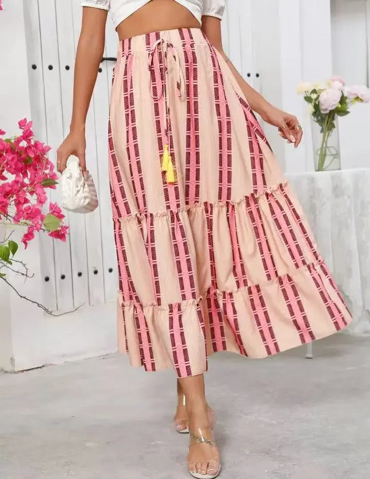 Nieuwe Vakantie Stijl Lange Rok Europa en Amerika Vrouwen Rok Zomer Print A-LIJN Kwastje Elastische Taille Rok Vrouwen Faldas Q225