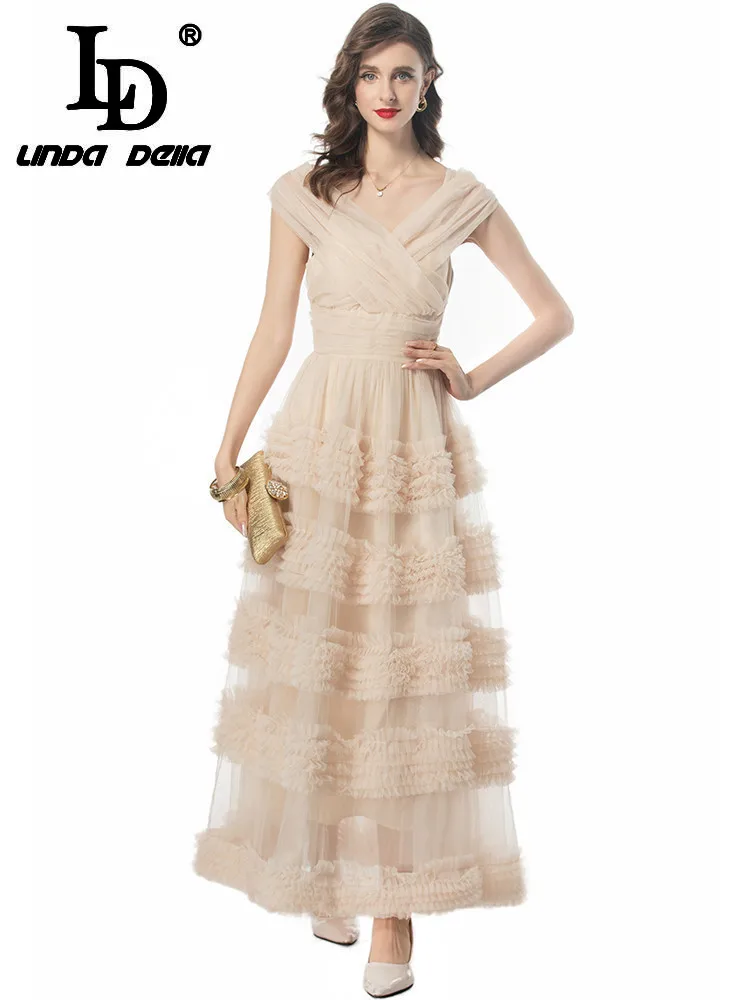 LD LINDA DELLA Summer 2024 luxury Designer Dresses for women Temperament Net Yarn Solid Color Ruffle Spaghetti Strap Dresses