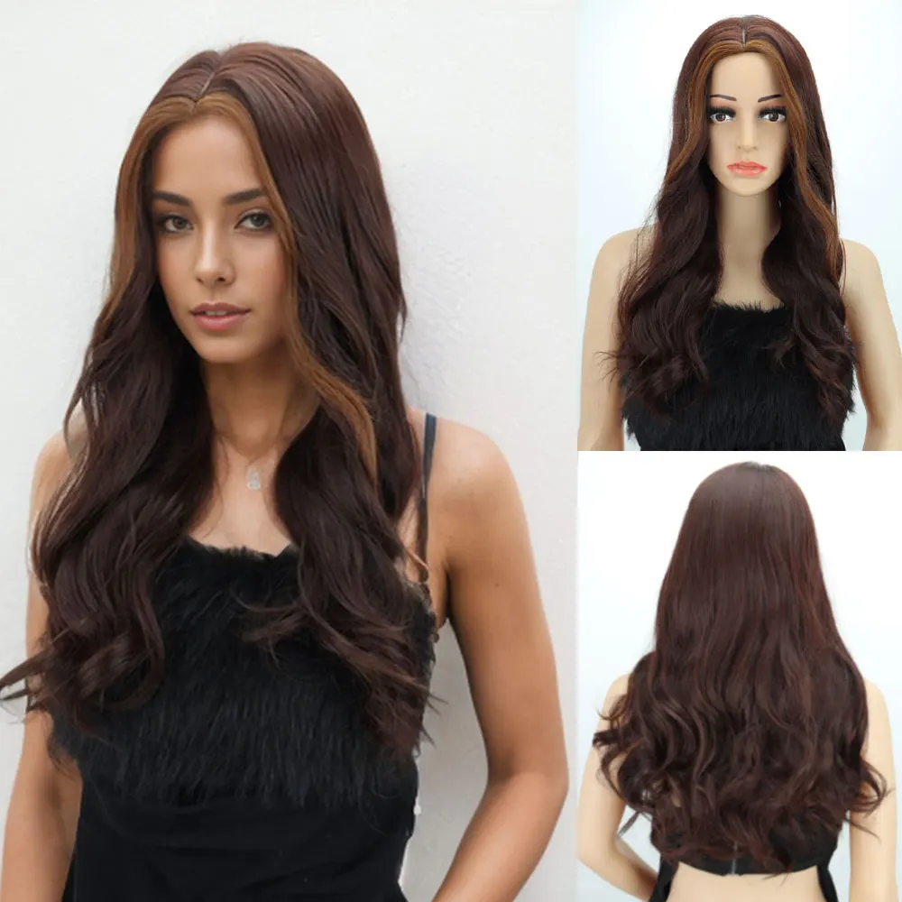 

Dark Brown Mixed Blonde Wig for Black Women, Synthetic Long Body Wavy Wigs, Side Part Hairline Natural Looking Wigs Daily Use