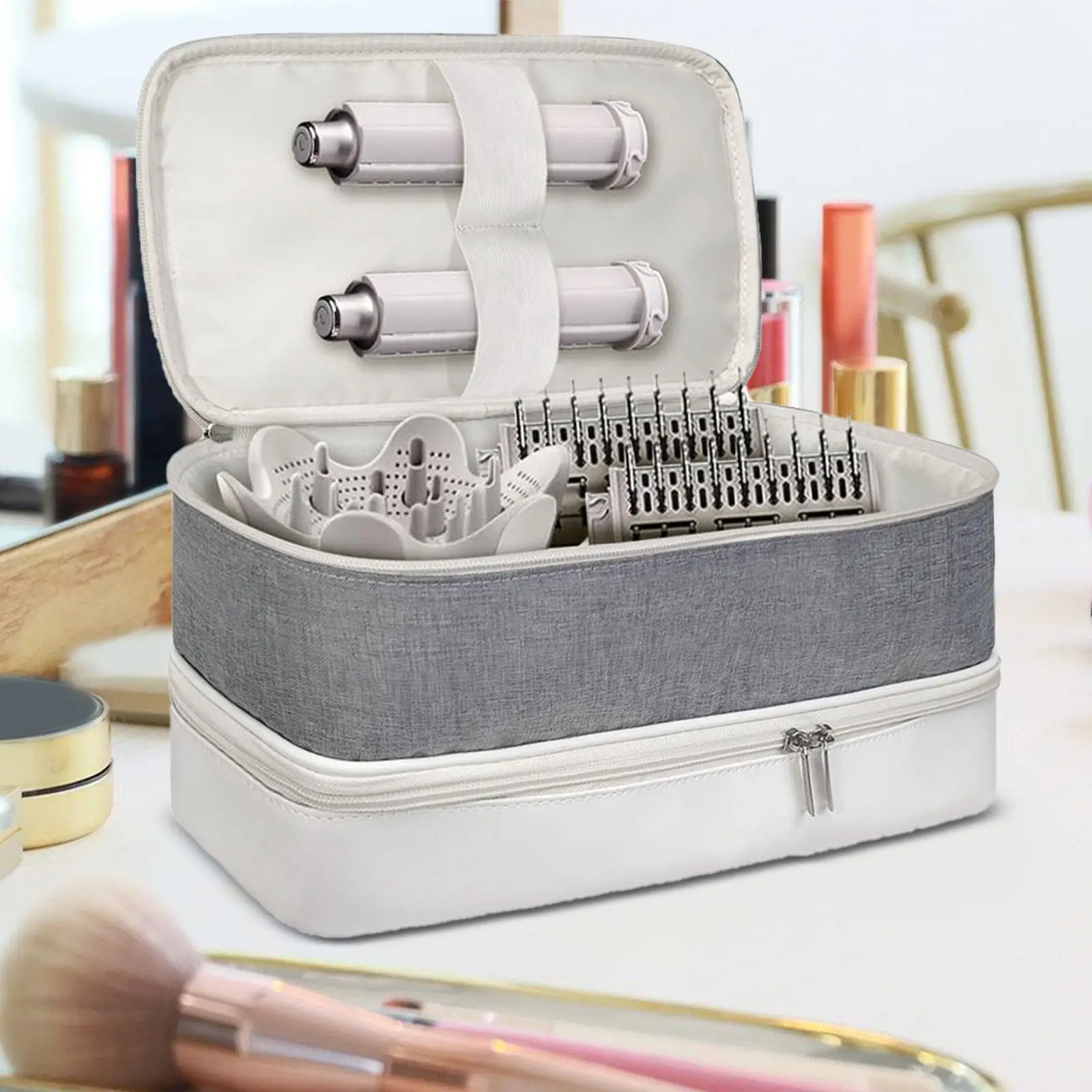 Double Layer Carrying Case Hair Stylist Suitcase, Hot Air Brush Container Multifunctional Dustproof Hair Dryer Storage Bag