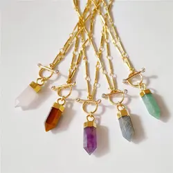 FUWO Handcrafted Natural Quartz Necklace,Golden OT Buckle Chain Multicolour Healing Crystal Point Jewelry For Women (NC125)