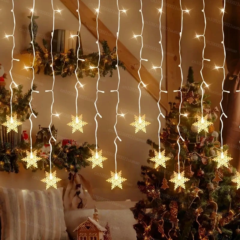 3.2M Christmas Snowflakes LED String Lights Flashing Fairy Curtain Lights Waterproof for Holiday Party Wedding Xmas Decoration