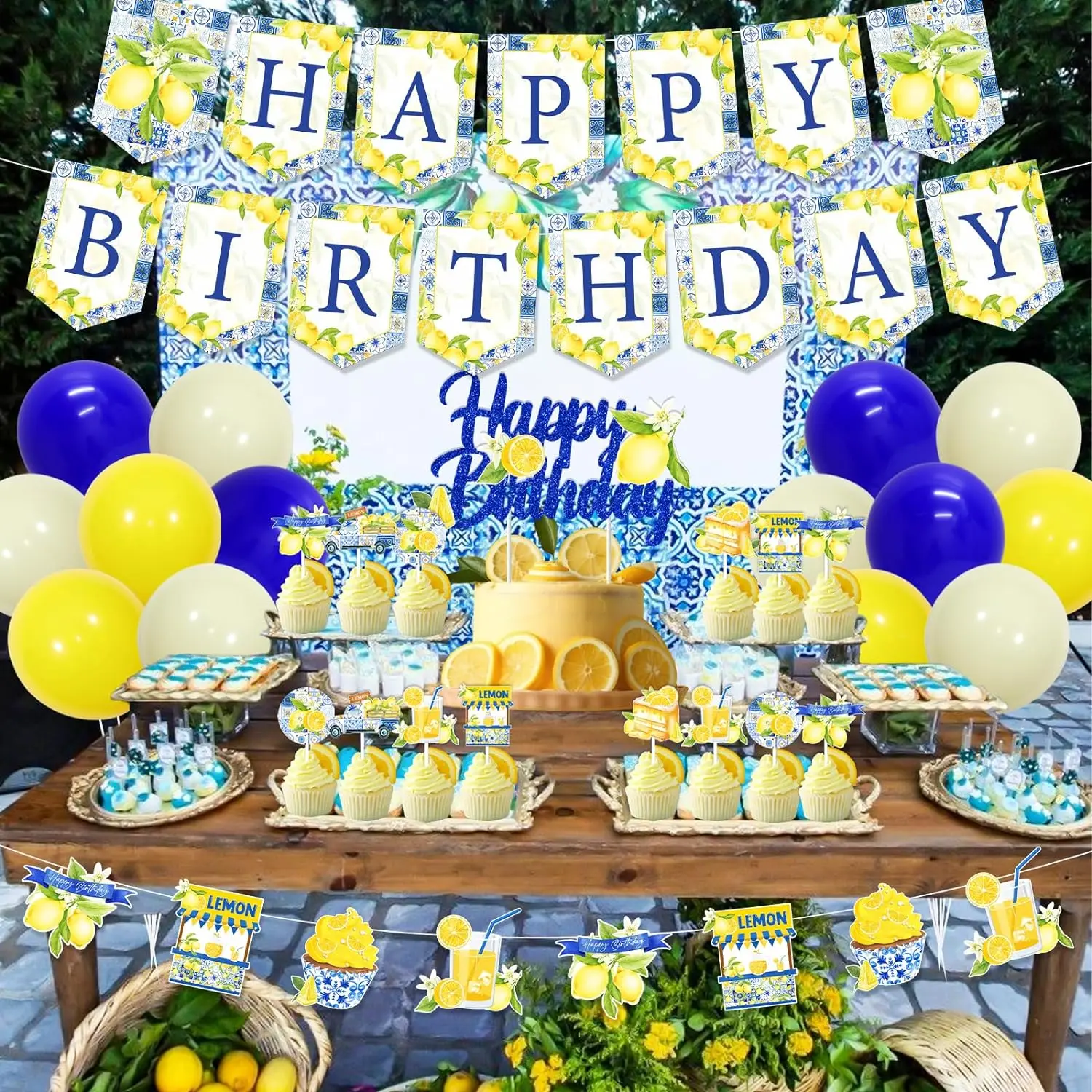 Imagem -04 - Telha e Lemon Theme Birthday Decor com Capri Happy Birthday Banner Lemon Guirlanda Cupcake Toppers Theme Party