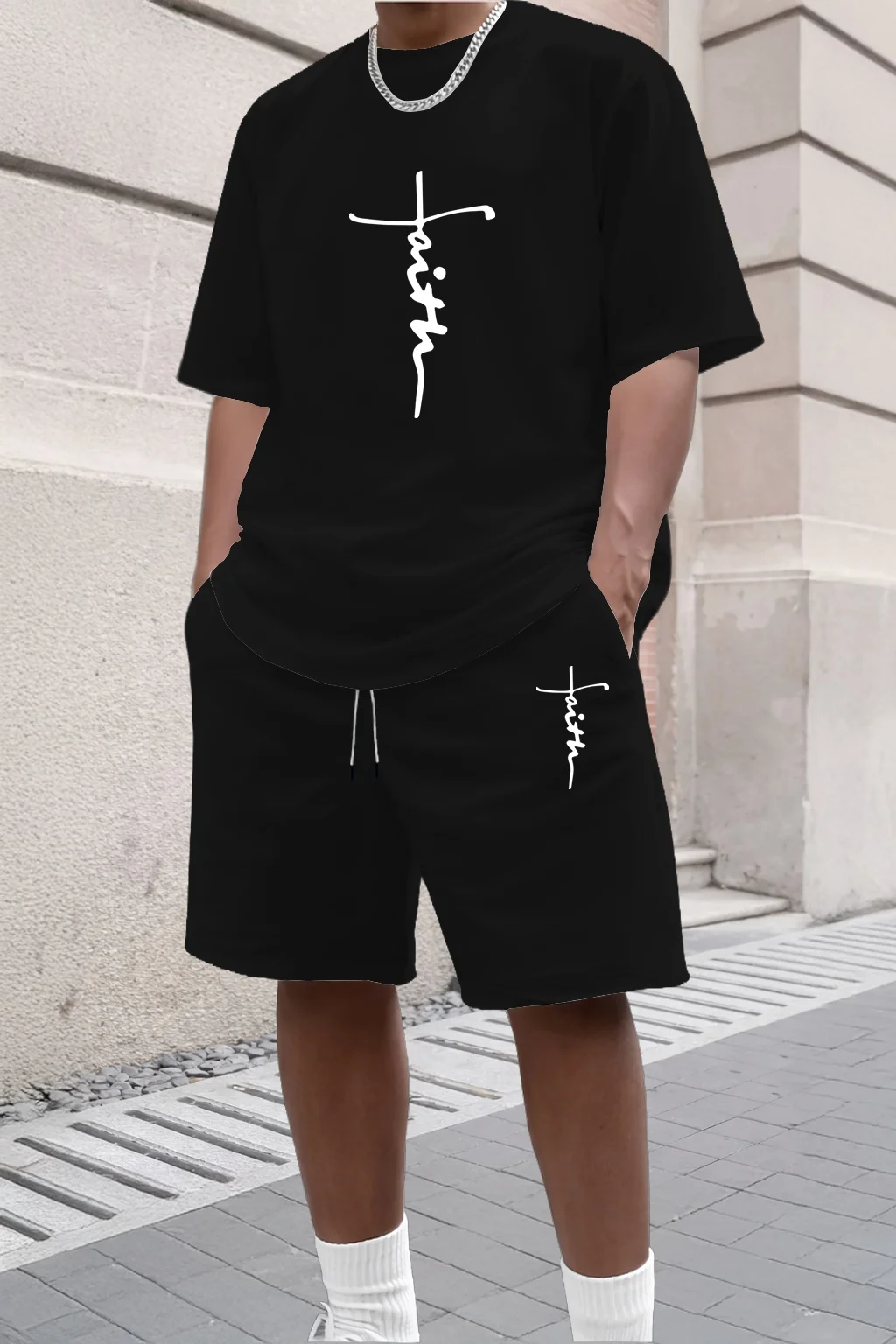 

Men's Summer Cross Print Short Sleeve Shorts Set Casual Fashion Temperament 2-Piece Street Shoot Holiday Round Neck T-Shirt Set