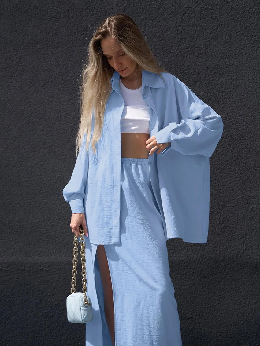 Marthaqiqi Autumn Women'S Nightgowns Suit Turn-Down Collar Nightwear Long Sleeve Pajamas Long Skirts Casual Ladies Sleepwear Set