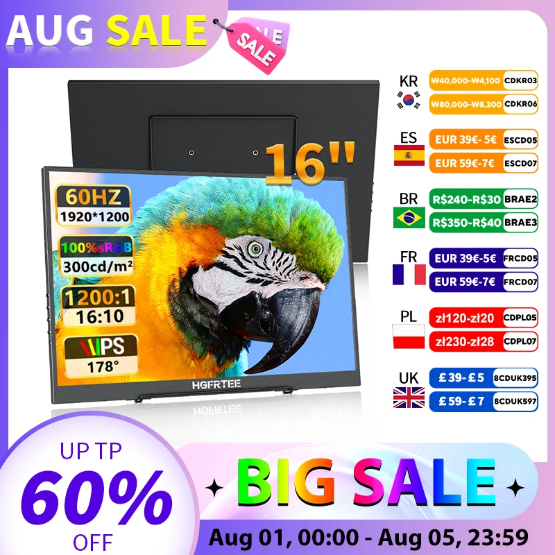 

HGFRTEE 16 inch Portable Monitor 100%sRGB FHD 60HZ Laptop Monitor VESA Hole Eye Care External Second Screen for PC Phone MAC