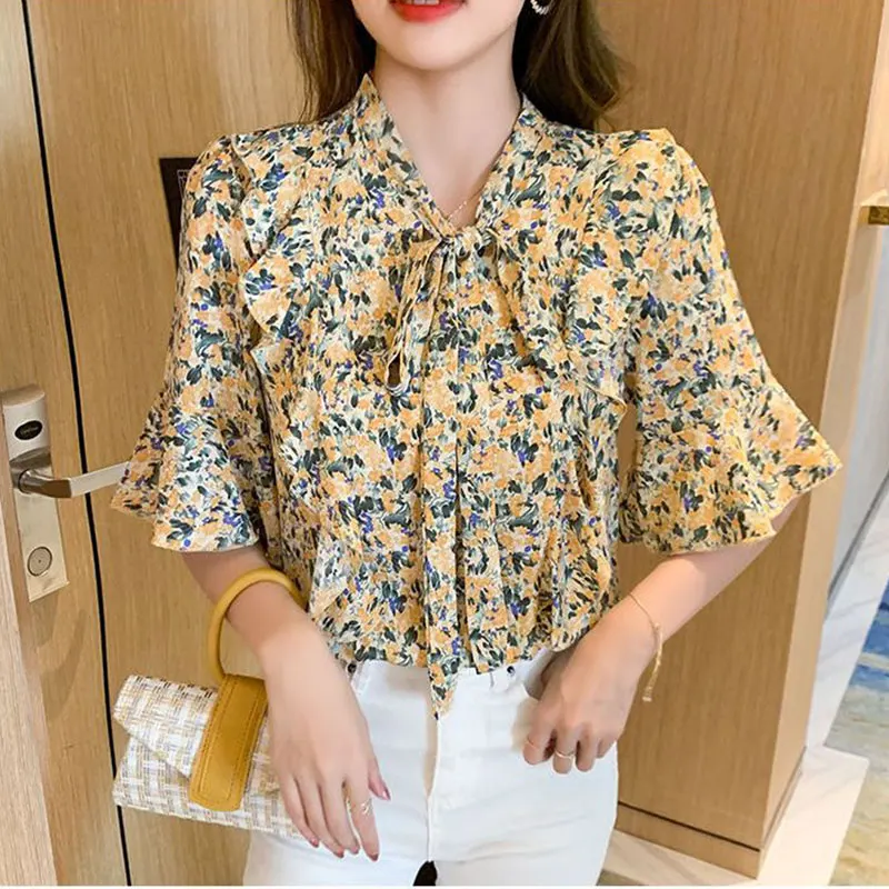 Women\'s Simplicity Office Lady Printed Bow Blouse, Temperament Casual Loose Tops, Spring and Summer Clothes, New Style Fashion