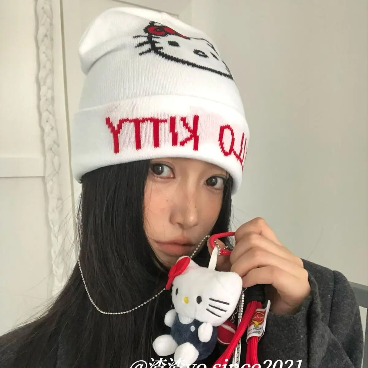 Nuevo Sanrio Hello Kitty gorro tejido para niña, gorro blanco para el frío, versátil para otoño e invierno, gorro tejido de lana para gatito, juguetes de regalo