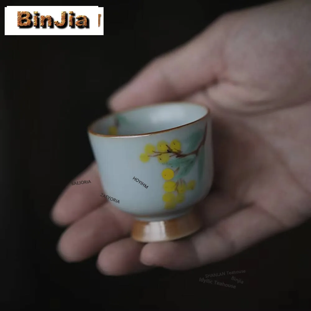 2pc/set Gracked Glaze Handmade Master Cup Hand-painted Loquat Teacup Ancient High-foot Cup Fragrance Cup Mug Tea Services 40ml