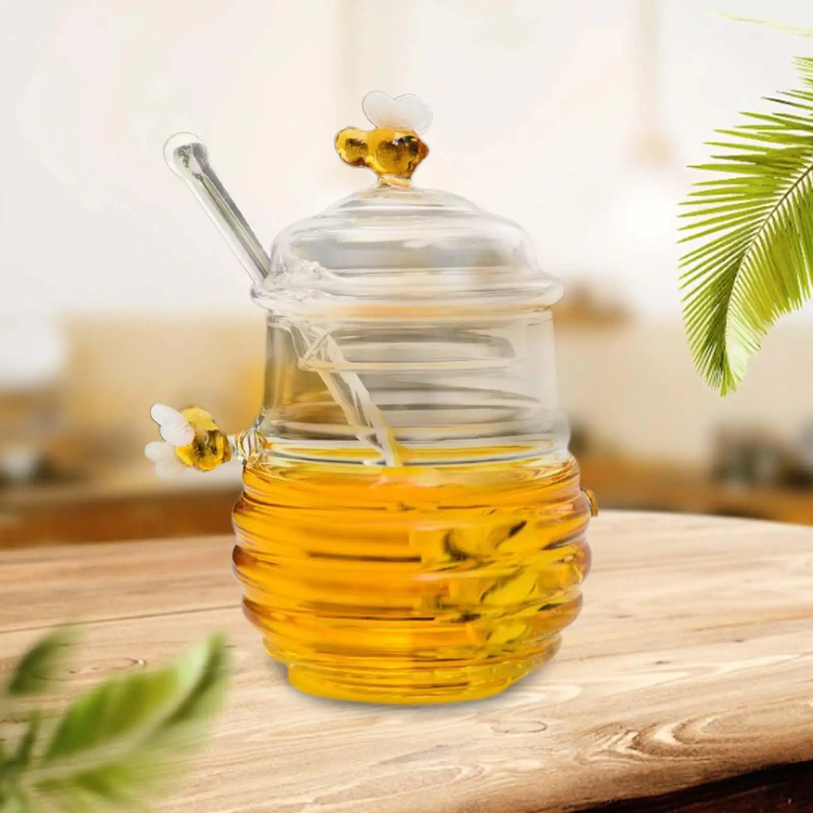 Transparent Honey Storage Container Honey Bee Pot with Dipper and Lid Glass Beehive Honey Pot for Home Office Syrup Kitchen Tool