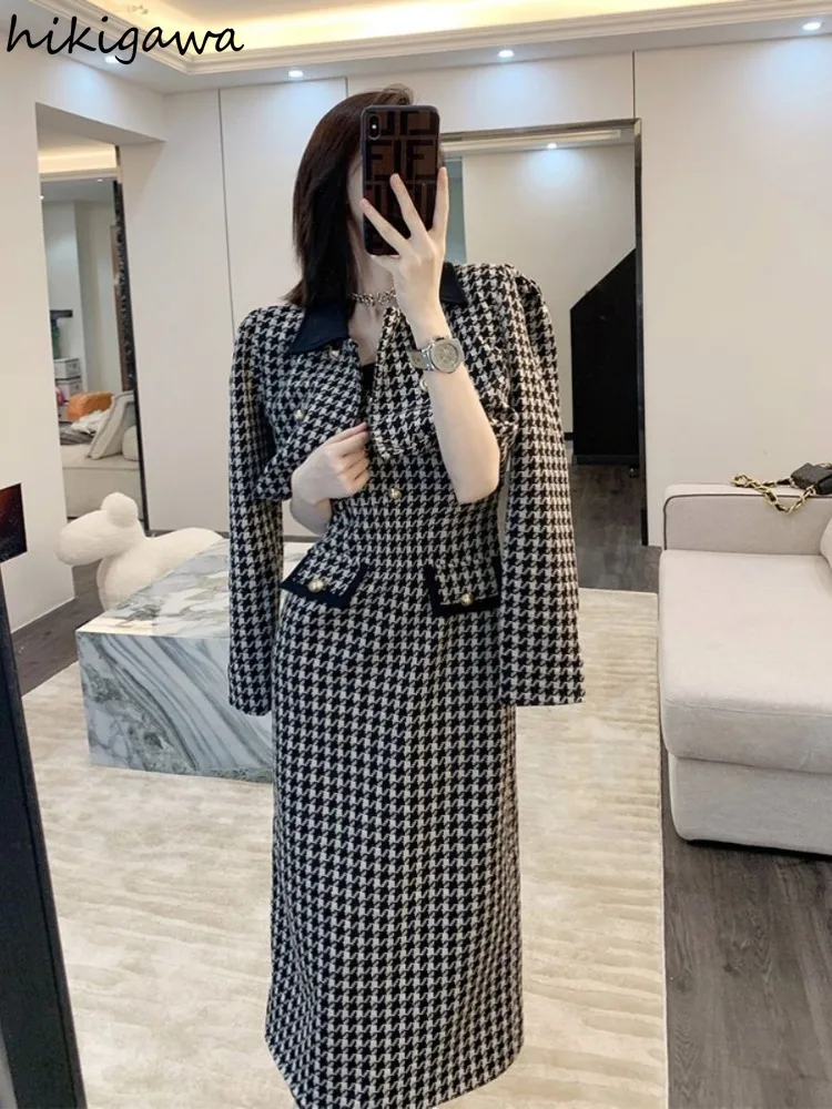 2024 Ropa Mujer Vintage 2 Piece Sets Women\'s Clothing Double Breasted Jackets Tops Tunic Sling Maxi Dress Suit Chic Plaid Set