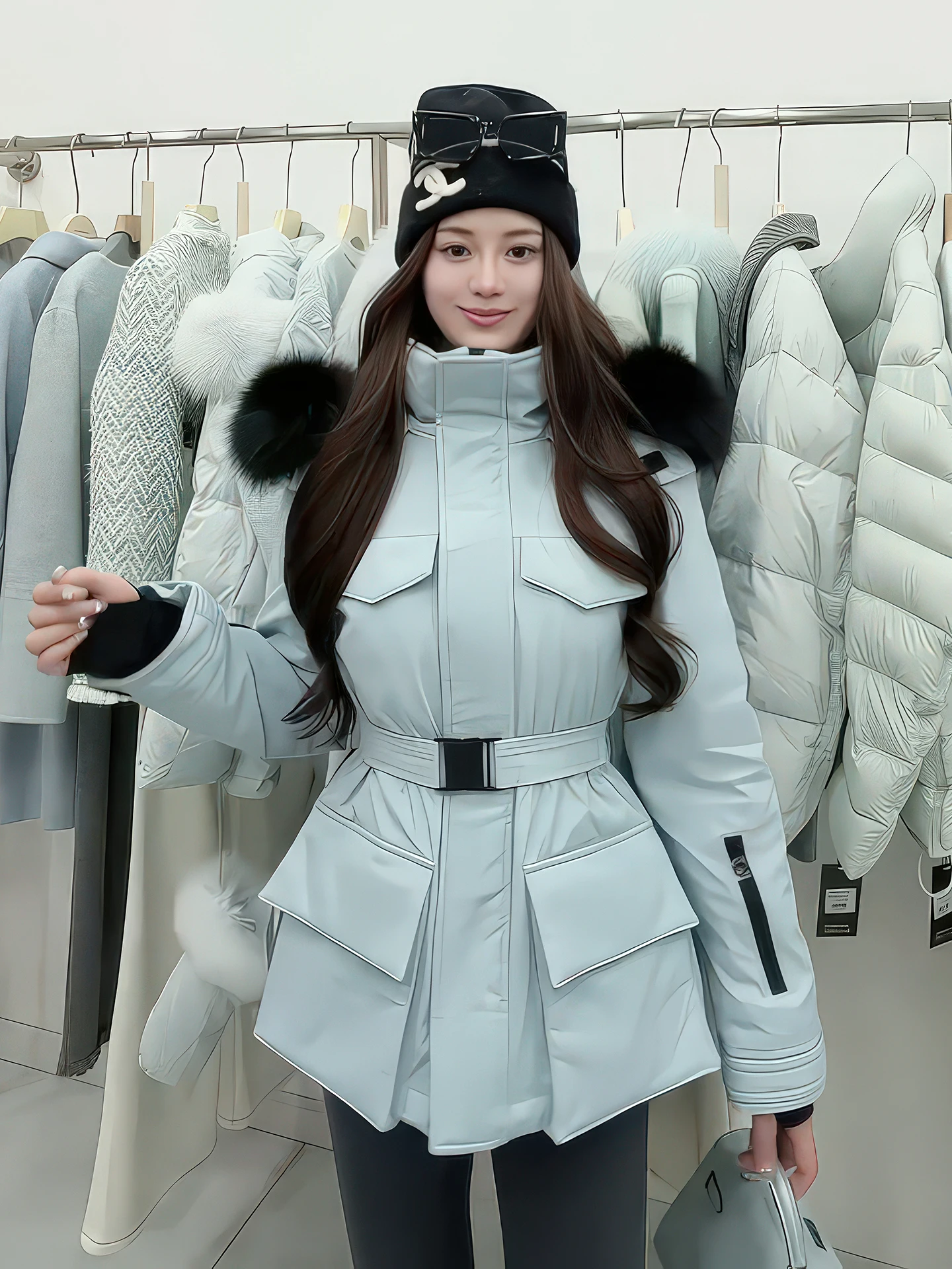 Damska zimowa kurtka puchowa z kapturem, biała, ocieplana puchem, kombinezon śnieżny, dopasowana w talii, odzież robocza, kurtka narciarska z futrzanym kołnierzem.