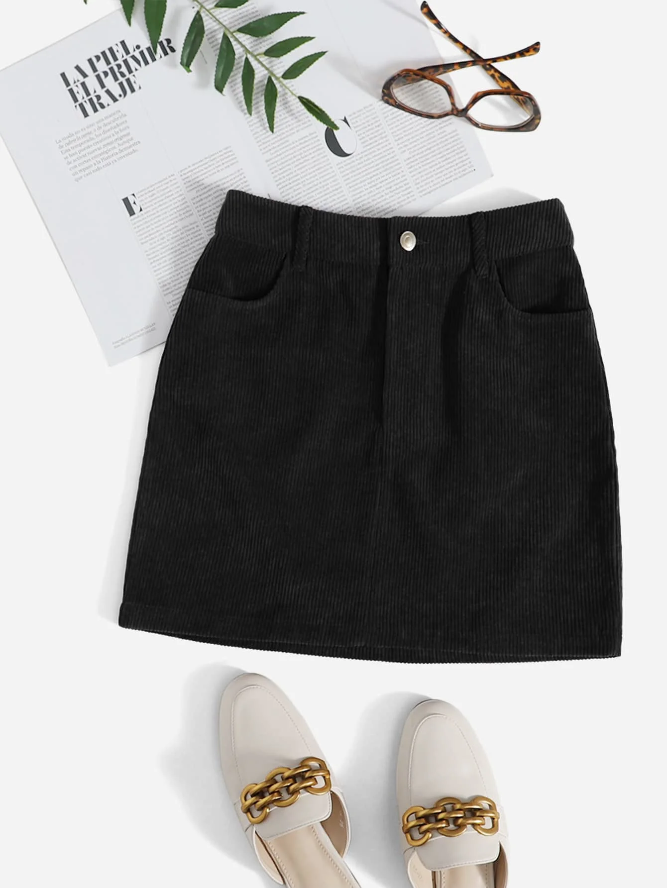 

Black Corduroy Mini Skirt with Dual Front Pockets and Straight Fit