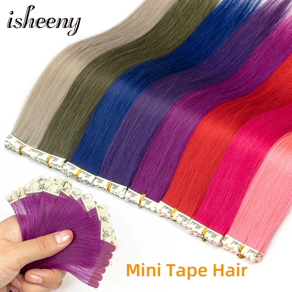 Isheeny Mini Tape Hair Extensions 10pcs Machine Made Remy Hair Seamless On Glue Real Human Hair Fancy Color