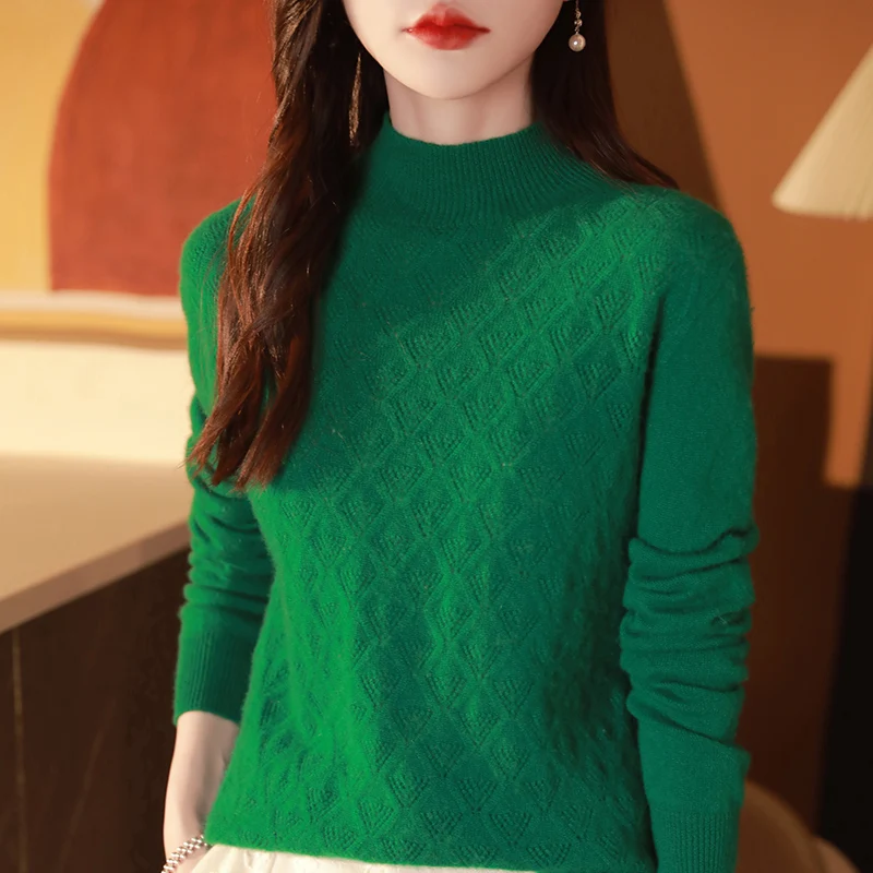 Moda Basic 100% Lana Merino Donna Tinta unita Collo a lupetto Maniche lunghe Maglione Pullover Cashmere Morbido Abbigliamento caldo delicato Top