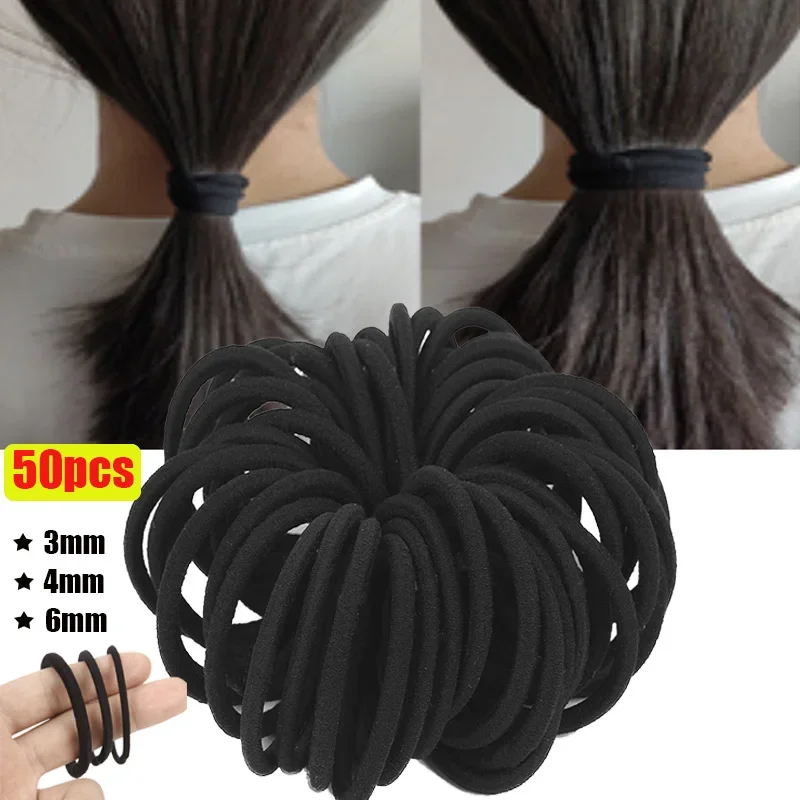 50pcs Black Hairbands for Thick & Less Hair  Elastic Rubber Bands Ropes Basic Hair Ties Hairband Ponytail Holders 3mm 4mm 6mm