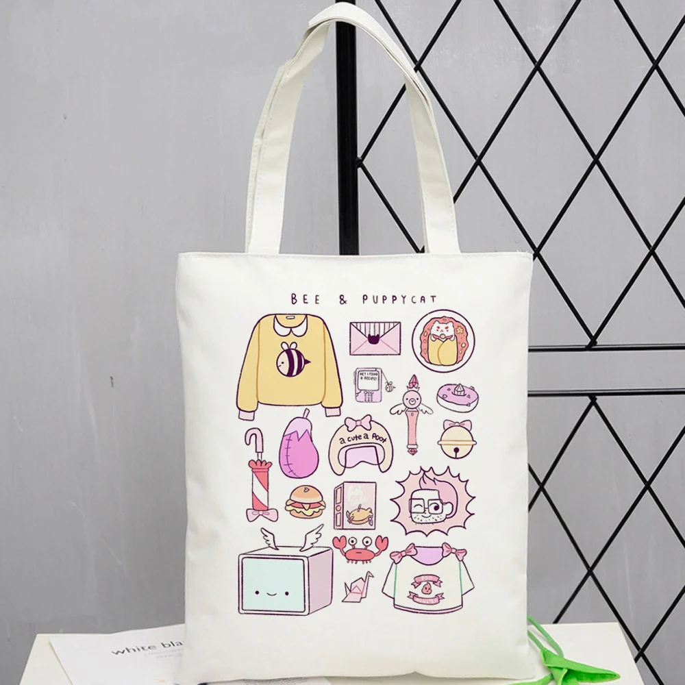 Puppycat-bolso de compras de lona reutilizable, bolsa de comestibles