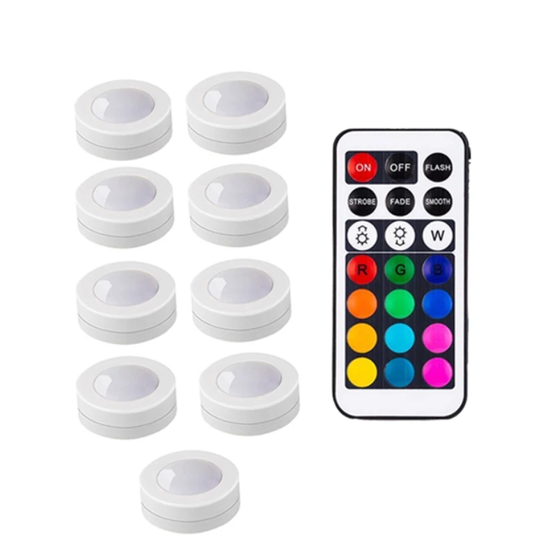 

LED Cabinet Light RGB Puck Lamp Remote Control Battery Powered Dimmable Kitchen Under Cabinet Closet Light Nightlight Multicolor
