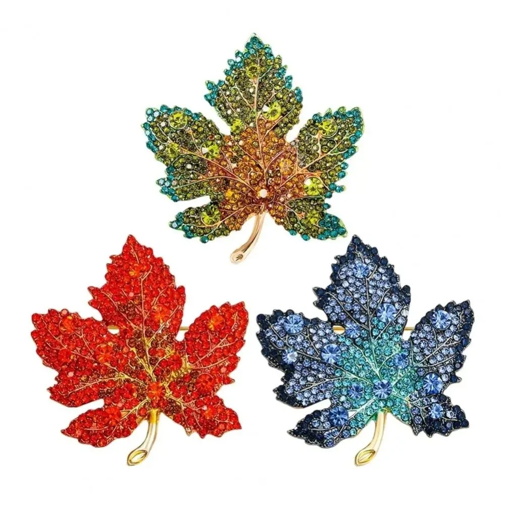 New Colored Rhinestone Maple Leaf Brooch Leaf Shape Enamel Cardigan Clip Sparkling Clothing Fixing Pins Unisex